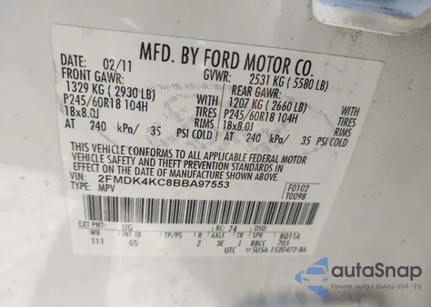 2011 Ford Edge Limited z USA, uszkodzony, nr VIN 2FMDK4KC8BBA97553